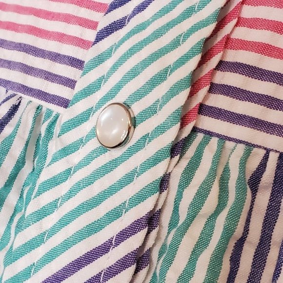 Vintage Rainbow Striped Housecoat Robe Thin Pearl Snap Long Duster Textured S/M - Picture 8 of 12